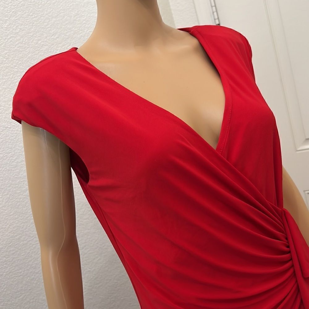 Evan Picone Dresses Size 10 V Neck Slimming Ruching Ruffle Short Sleeve Midi - Picture 3 of 10